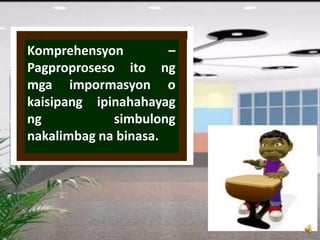 Komprehensyon –
Pagproproseso ito ng
mga impormasyon o
kaisipang ipinahahayag
ng simbulong
nakalimbag na binasa.
 
