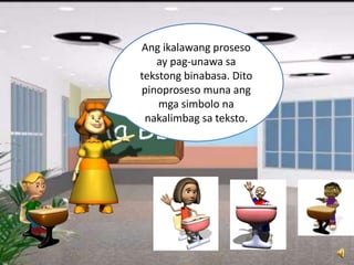 Ang ikalawang proseso
ay pag-unawa sa
tekstong binabasa. Dito
pinoproseso muna ang
mga simbolo na
nakalimbag sa teksto.
 