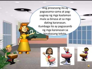 Ang prosesong ito ay
pagsasama-sama at pag-
uugnay ng mga kaalaman
mula sa binasa at sa mga
dating karanasan.
Kumbaga ito ay pagsasanib
ng mga karanasan sa
binabasang teksto.
 