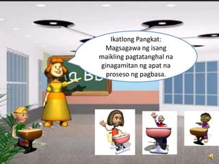Ikatlong Pangkat:
Magsagawa ng isang
maikling pagtatanghal na
ginagamitan ng apat na
proseso ng pagbasa.
 