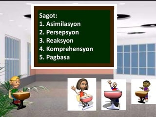 Sagot:
1. Asimilasyon
2. Persepsyon
3. Reaksyon
4. Komprehensyon
5. Pagbasa
 