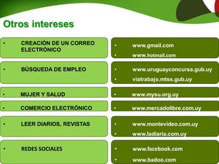 Otros intereses
• CREACIÓN DE UN CORREO
ELECTRÓNICO
• BÚSQUEDA DE EMPLEO
• COMERCIO ELECTRÓNICO
• LEER DIARIOS, REVISTAS
• REDES SOCIALES
• www.gmail.com
• www.hotmail.com
• www.uruguayconcursa.gub.uy
• viatrabajo.mtss.gub.uy
• www.mercadolibre.com.uy
• www.montevideo.com.uy
• www.ladiaria.com.uy
• www.facebook.com
• www.badoo.com
• MUJER Y SALUD • www.mysu.org.uy
 