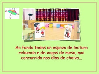 Ao fondo tedes un espazo de lectura relaxada e de xogos de mesa, moi concurrida nos días de choiva...