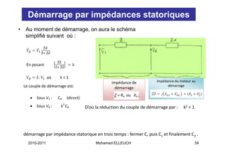 Démarrage par impédances statoriques
•    Au moment de démarrage, on aura le schéma
     simplifié suivant où :




                                                Impédance de           Impédance du moteur au 
                                                                       I éd      d
                                                                             démarrage
                                                  démarrage



                                  D’où la réduction du couple de démarrage par :     k2 < 1 




    démarrage par impédance statorique en trois temps : fermer C, puis C et finalement C
    démarrage par impédance statorique en trois temps : fermer C puis C1 et finalement C2 .
      2010-2011                         Mohamed ELLEUCH                                     54
 