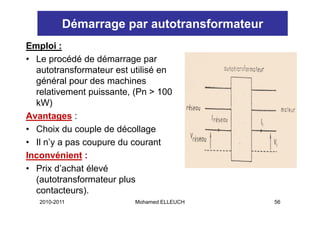 Démarrage par autotransformateur
Emploi :
• Le procédé de démarrage par
  autotransformateur est utilisé en
  général pour des machines
  relativement puissante, (Pn > 100
  kW)
Avantages :
A     t
• Choix du couple de décollage
• Il n’y a pas coupure du courant
      ’
Inconvénient :
• Prix d’achat élevé
  (autotransformateur plus
  contacteurs).
  contacteurs)
   2010-2011              Mohamed ELLEUCH     56
 