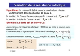 Variation de la résistance rotorique
Hypothèse: le courant totalisé dans le conducteur circule
   uniformément dans l’épaisseur de peau δ.
la section de l’encoche occupée par le courant est :
la section totale de l’encoche est :
Exemple: La barre est en cuivre Cu.
Au démarrage, la fréquence rotorique f = 50Hz ce qui limite le courant à une
            g         q           q              q
épaisseur δ≈1 cm.
La résistance de la tige occupant l’encoche au démarrage:

En fonctionnement normal,  frotorique ≈ 0 ; δ = h: donc  
                                  q



                                       si h  5 cm           Rd  5.Rn

                                Mohamed ELLEUCH                          63
    2010-2011
 