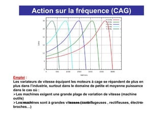 Action sur la fréquence (CAG)




Emploi :
Les variateurs de vitesse équipant les moteurs à cage se répandent de plus en
plus dans l’industrie, surtout dans le domaine de petite et moyenne puissance
dans le cas où :
  Les machines exigent une grande plage de variation de vitesse (machine
outils)
  Les machines sont à grandes vitesses (centrifugeuses , rectifieuses, électro-
     2010-2011                    Mohamed ELLEUCH                            76
broches…)
 