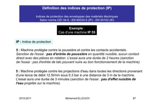 Définition des indices de protection (IP)

              Indices de protection des enveloppes des matériels électriques
                         p                    pp                        q
                 Selon norme CEI 34-5 - EN 60034-5 (IP) - EN 50102 (IK)

                                      Exemple :
                                           p
                               Cas d'une machine IP 55

IP : Indice de protection

5 : Machine protégée contre la poussière et contre les contacts accidentels.
Sanction de l'essai : pas d'entrée de poussière en quantité nuisible, aucun contact
              l essai      d entrée
direct avec des pièces en rotation. L'essai aura une durée de 2 heures (sanction
de l'essai : pas d'entrée de talc pouvant nuire au bon fonctionnement de la machine).

5 : Machine protégée contre les projections d'eau dans toutes les directions provenant
d'une lance de débit 12.5l/min sous 0.3 bar à une distance de 3 m de la machine.
L essai
L'essai aura une durée de 3 minutes (sanction de l'essai : pas d'effet nuisible de
                                                  l essai      d effet
l'eau projetée sur la machine).



  2010-2011                         Mohamed ELLEUCH                            87
 