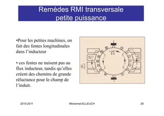 Remèdes RMI transversale
                  p
                  petite puissance
                         p


•Pour les petites machines, on
fait d f t longitudinales
f it des fentes l it di l
dans l’inducteur

• ces fentes ne nuisent pas au
flux inducteur, tandis qu’elles
créent des chemins de grande
réluctance pour le champ de
l’induit.
l’i d it


  2010-2011                  Mohamed ELLEUCH   26
 