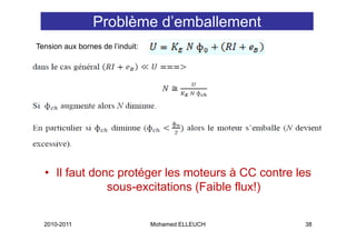 Problème d’emballement
Tension aux bornes de l’induit:




  • Il faut donc protéger les moteurs à CC contre les
               sous-excitations (Faible fl !)
                        it ti   (F ibl flux!)


  2010-2011                       Mohamed ELLEUCH   38
 