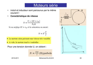 Moteurs série
•   induit et inducteur sont parcourus par le même
    courant I
•   Caractéristique de vitesse




Pour une tension donnée U, on obtient :




     2010-2011                   Mohamed ELLEUCH     40
 