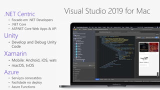 Visual Studio 2019 for Mac.NET Centric
Unity
Xamarin
Azure
 