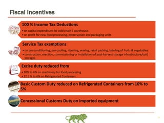 11
Fiscal Incentives
100 % Income Tax Deductions
•on capital expenditure for cold chain / warehouse.
•on profit for new food processing, preservation and packaging units
Service Tax exemptions
•on pre-conditioning, pre-cooling, ripening, waxing, retail packing, labeling of fruits & vegetables.
•construction, erection, commissioning or installation of post-harvest storage infrastructure/cold
storages
Excise duty reduced from
•10% to 6% on machinery for food processing
•12.5 % to 6% on Refrigerated Containers
Basic Custom Duty reduced on Refrigerated Containers from 10% to
5%
Concessional Customs Duty on imported equipment
 