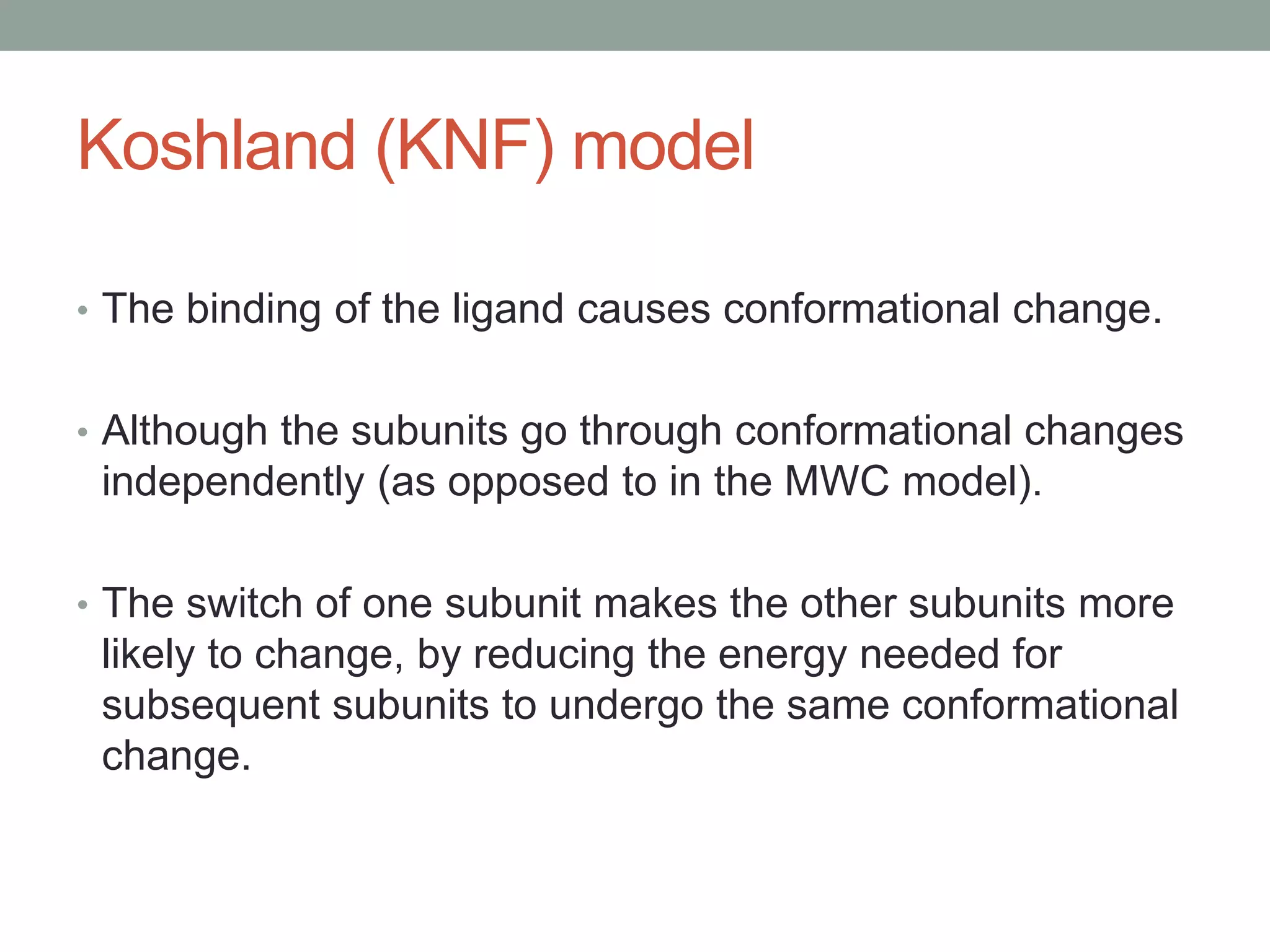 Koshland (KNF) model
• The binding of the ligand causes conformational change.
• Although the subunits go through conformational changes
independently (as opposed to in the MWC model).
• The switch of one subunit makes the other subunits more
likely to change, by reducing the energy needed for
subsequent subunits to undergo the same conformational
change.
 