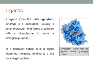 Ligands
a ligand (from the Latin ligandum,
binding) is a substance (usually a
small molecule), that forms a complex
with a biomolecule to serve a
biological purpose.
In a narrower sense, it is a signal
triggering molecule, binding to a site
on a target protein.
Myoglobin (blue) with its
ligand heme (orange)
bound
 