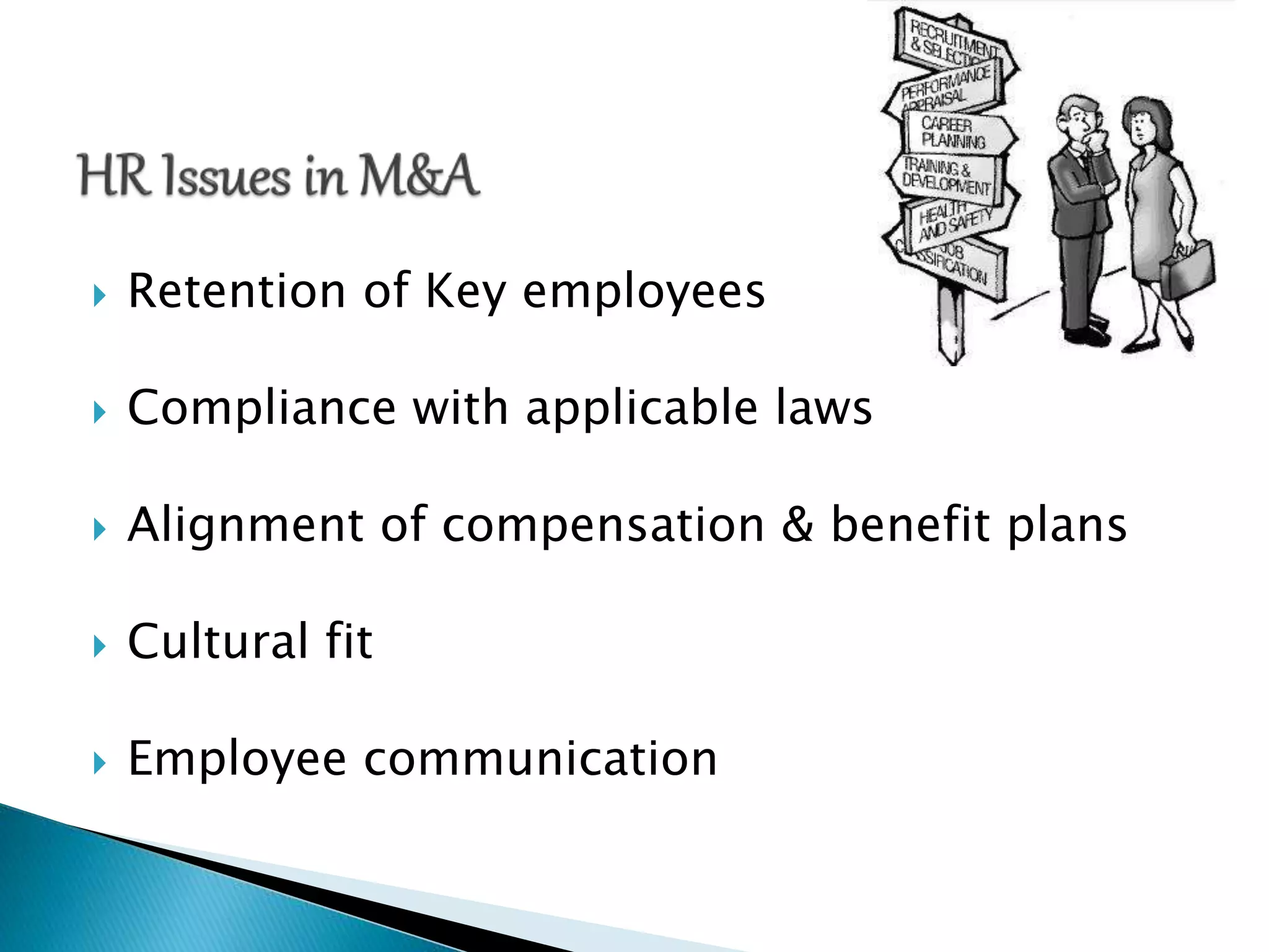  Retention of Key employees
 Compliance with applicable laws
 Alignment of compensation & benefit plans
 Cultural fit
 Employee communication
 