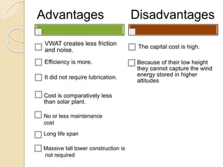 Advantages
VWAT creates less friction
and noise.
Efficiency is more.
It did not require lubrication.
Cost is comparatively less
than solar plant.
Disadvantages
The capital cost is high.
Because of their low height
they cannot capture the wind
energy stored in higher
altitudes
No or less maintenance
cost
Long life span
Massive tall tower construction is
not required
 