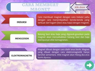 CARA MEMBUAT
MAGNET
INDUKSI
MENGGOSOK
ELEKTROMAGNETIK
Cara membuat magnet dengan cara induksi yaitu
dengan cara menembpelkan benda-benda yang
terbuat dari logam (besi atau baja) dengan magnet.
Batang besi atau baja yang digosok-gosokan pada
magnet akan menyebabkan batang besi dan baja
mempunyai sifat kemagnetan.
Magnet dibuat dengan cara dialiri arus listrik. Magnet
yang dibuat dengan cara elektromagnetik hanya
bersifat sementara. Sifat magnet akan hilang jika arus
listrik diputus.
Klik disini
 