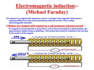 Electromagnetic induction:-
(Michael Faraday)
The motion of a magnet with respect to a coil or a change in the magnetic field induce a
potential difference in the coil and produces induced current. This is called
electromagnetic induction.
i) Motion of a magnet with respect to a coil produces induced current :-
If a magnet is moved towards or away from a coil of wire connected to a galvanometer, the
galvanometer needle shows a deflection. This shows that current is induced in the coil due
to the motion of the magnet.
 