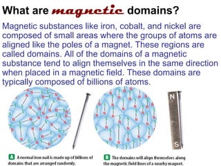 What are magnetic domains?
Magnetic substances like iron, cobalt, and nickel are
composed of small areas where the groups of atoms are
aligned like the poles of a magnet. These regions are
called domains. All of the domains of a magnetic
substance tend to align themselves in the same direction
when placed in a magnetic field. These domains are
typically composed of billions of atoms.
 