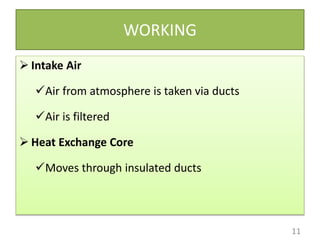 WORKING
 Intake Air
Air from atmosphere is taken via ducts
Air is filtered
 Heat Exchange Core
Moves through insulated ducts
11
 