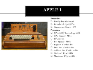 APPLE I
  Essentials
   Family: Pre-Macintosh
   Introduced: April 1976
   Terminated: March 1977
  Processor
   CPU: MOS Technology 6502
   CPU Speed: 1 MHz
   FPU: none
   Bus Speed: 1 MHz
   Register Width: 8-bit
   Data Bus Width: 8-bit
   Address Bus Width: 16-bit
   Onboard RAM: 8 kB
   Maximum RAM: 65 kB
 