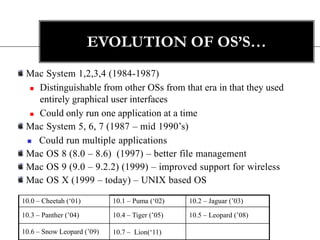 EVOLUTION OF OS’S…
 Mac System 1,2,3,4 (1984-1987)
   Distinguishable from other OSs from that era in that they used

    entirely graphical user interfaces
   Could only run one application at a time

 Mac System 5, 6, 7 (1987 – mid 1990‟s)
  Could run multiple applications

 Mac OS 8 (8.0 – 8.6) (1997) – better file management
 Mac OS 9 (9.0 – 9.2.2) (1999) – improved support for wireless
 Mac OS X (1999 – today) – UNIX based OS

10.0 – Cheetah („01)        10.1 – Puma („02)    10.2 – Jaguar (‟03)
10.3 – Panther (‟04)        10.4 – Tiger (‟05)   10.5 – Leopard (‟08)

10.6 – Snow Leopard (‟09)   10.7 – Lion(„11)
 