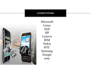 COMPETITORS


  Microsoft
    Linux
     Dell
     HP
   Lenovo
    RIM
   Nokia
    HTC
  Samsung
   Google
    sony
      .
 