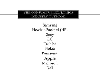 THE CONSUMER ELECTRONICS
    INDUSTRY OUTLOOK

         Samsung
    Hewlett-Packard (HP)
            Sony
             LG
          Toshiba
           Nokia
         Panasonic
          Apple
         Microsoft
           Dell
 