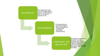 Face Detection
• Face detection is the
very first stage where a
picture is evaluated to
find if any face is
present or not.
Face Recognition
• The detected and
processed image of
face is compared to
a database of
stored and
recorded faces.
Authorisation and
Open the door
• The Arduino is connected to
the electric lock by a
switching circuit using a
transistor. When it receives
a signal via Bluetooth it
shall control the supply and
thus open or close the lock
accordingly
 