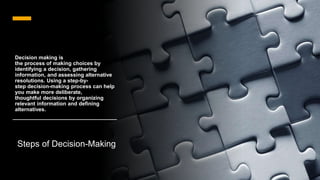 Decision making is
the process of making choices by
identifying a decision, gathering
information, and assessing alternative
resolutions. Using a step-by-
step decision-making process can help
you make more deliberate,
thoughtful decisions by organizing
relevant information and defining
alternatives.
Steps of Decision-Making
 