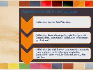 Sumber Kode Etik Guru Indonesia
• Nilai-nilai agama dan Pancasila

• Nilai-nilai kompetensi pedagogis, kompetensi
kepribadian, kompetensi sosial, dan kompetensi
profesional

• Nilai-nilai jati diri, harkat dan martabat manusia
yang meliputi perkembangan kesehatan
jasmaniah, emosional, intelektual, sosial, dan
spiritual

 