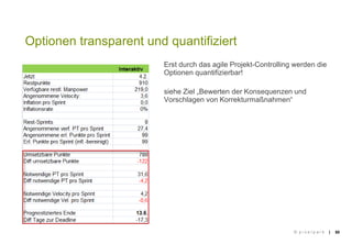 || 50
Optionen transparent und quantifiziert
© p i x e l p a r k
Erst durch das agile Projekt-Controlling werden die
Optionen quantifizierbar!
siehe Ziel „Bewerten der Konsequenzen und
Vorschlagen von Korrekturmaßnahmen“
 
