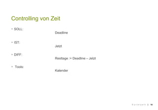 ||
 SOLL:
Deadline
 IST:
Jetzt
 DIFF:
Resttage := Deadline – Jetzt
 Tools:
Kalender
15
Controlling von Zeit
© p i x e ...