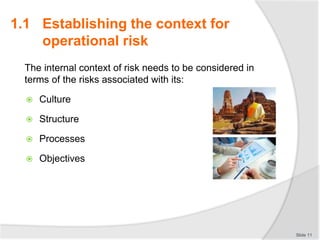 The internal context of risk needs to be considered in
terms of the risks associated with its:
 Culture
 Structure
 Processes
 Objectives
Slide 11
1.1 Establishing the context for
operational risk
 