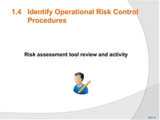 Risk assessment tool review and activity
Slide 32
1.4 Identify Operational Risk Control
Procedures
 