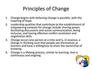 Principles of Change
1. Change begins with believing change is possible, with the
inspiring of hope.
2. Leadership qualities that contribute to the establishment of
empowering contexts for change include sharing power,
facilitating discussions and active communication, being
inclusive, and having effective conflict resolution and
negotiation skills.
3. Change occurs one person at a time and is, in essence, a
change in thinking such that people see themselves as
learners and have a willingness to share the ownership of
knowing.
4. Change is a lifelong process, similar to learning, that is
continuous and ongoing.
 