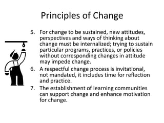 Principles of Change
5. For change to be sustained, new attitudes,
perspectives and ways of thinking about
change must be internalized; trying to sustain
particular programs, practices, or policies
without corresponding changes in attitude
may impede change.
6. A respectful change process is invitational,
not mandated, it includes time for reflection
and practice.
7. The establishment of learning communities
can support change and enhance motivation
for change.
 