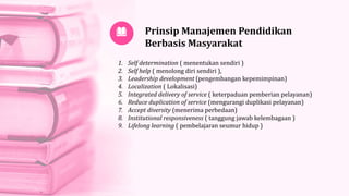 Prinsip Manajemen Pendidikan
Berbasis Masyarakat
1. Self determination ( menentukan sendiri )
2. Self help ( menolong diri sendiri ),
3. Leadership development (pengembangan kepemimpinan)
4. Localization ( Lokalisasi)
5. Integrated delivery of service ( keterpaduan pemberian pelayanan)
6. Reduce duplication of service (mengurangi duplikasi pelayanan)
7. Accept diversity (menerima perbedaan)
8. Institutional responsiveness ( tanggung jawab kelembagaan )
9. Lifelong learning ( pembelajaran seumur hidup )
 