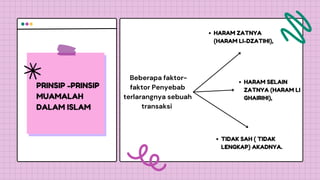 PRINSIP -PRINSIP
MUAMALAH
DALAM ISLAM
HARAM SELAIN
ZATNYA (HARAM LI
GHAIRIHI),
HARAM ZATNYA
(HARAM LI-DZATIHI),
TIDAK SAH ( TIDAK
LENGKAP) AKADNYA.
Beberapa faktor-
faktor Penyebab
terlarangnya sebuah
transaksi
 