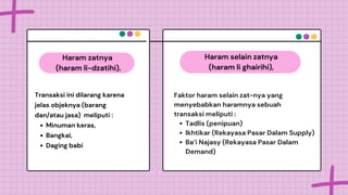 Minuman keras,
Bangkai,
Daging babi
Transaksi ini dilarang karena
jelas objeknya (barang
dan/atau jasa) meliputi :
Haram zatnya
(haram li-dzatihi),
Tadlis (penipuan)
Ikhtikar (Rekayasa Pasar Dalam Supply)
Ba’i Najasy (Rekayasa Pasar Dalam
Demand)
Faktor haram selain zat-nya yang
menyebabkan haramnya sebuah
transaksi meliputi :
Haram selain zatnya
(haram li ghairihi),
 