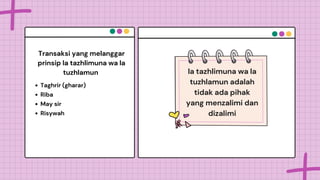 Taghrir (gharar)
Riba
May sir
Risywah
Transaksi yang melanggar
prinsip la tazhlimuna wa la
tuzhlamun la tazhlimuna wa la
tuzhlamun adalah
tidak ada pihak
yang menzalimi dan
dizalimi
 