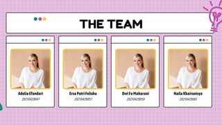 AdeliaEfandari
20210420047
THE TEAM
ErsaPutriFelisha
20210420057
DwiFaMaharani
20210420059
NailaKhairunisya
20210420061
 