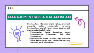 Pemanfaatan harta digunakan untuk
kelangsungan kehidupan diri dan
keluarganya
pemanfaatan harta tersebut bagi manusia
diluar keluarganya, atau pemanfaatan yang
bermotif pada amal shaleh
Berdasarkan nilai-nilai moral islam, orientasi
manusia dalam mengelola hartanya
berdasarkan syariah Islam akan berorientasi
utama pada dua hal, yaitu:
MANAJEMEN HARTA DALAM ISLAM
 