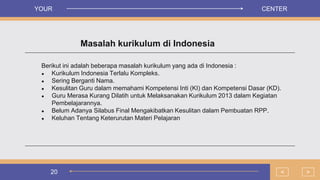 20
Masalah kurikulum di Indonesia
Berikut ini adalah beberapa masalah kurikulum yang ada di Indonesia :
● Kurikulum Indonesia Terlalu Kompleks.
● Sering Berganti Nama.
● Kesulitan Guru dalam memahami Kompetensi Inti (KI) dan Kompetensi Dasar (KD).
● Guru Merasa Kurang Dilatih untuk Melaksanakan Kurikulum 2013 dalam Kegiatan
Pembelajarannya.
● Belum Adanya Silabus Final Mengakibatkan Kesulitan dalam Pembuatan RPP.
● Keluhan Tentang Keterurutan Materi Pelajaran
>
<
YOUR CENTER
 