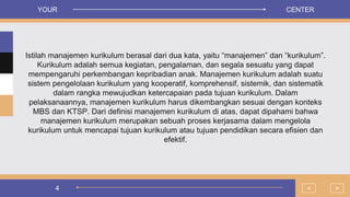 4
Istilah manajemen kurikulum berasal dari dua kata, yaitu “manajemen” dan “kurikulum”.
Kurikulum adalah semua kegiatan, pengalaman, dan segala sesuatu yang dapat
mempengaruhi perkembangan kepribadian anak. Manajemen kurikulum adalah suatu
sistem pengelolaan kurikulum yang kooperatif, komprehensif, sistemik, dan sistematik
dalam rangka mewujudkan ketercapaian pada tujuan kurikulum. Dalam
pelaksanaannya, manajemen kurikulum harus dikembangkan sesuai dengan konteks
MBS dan KTSP. Dari definisi manajemen kurikulum di atas, dapat dipahami bahwa
manajemen kurikulum merupakan sebuah proses kerjasama dalam mengelola
kurikulum untuk mencapai tujuan kurikulum atau tujuan pendidikan secara efisien dan
efektif.
>
<
YOUR CENTER
 