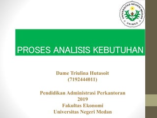 PROSES ANALISIS KEBUTUHAN
Dame Triulina Hutasoit
(7192444011)
Pendidikan Administrasi Perkantoran
2019
Fakultas Ekonomi
Universitas Negeri Medan
 
