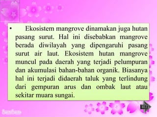 • Ekosistem mangrove dinamakan juga hutan
pasang surut. Hal ini disebabkan mangrove
berada diwilayah yang dipengaruhi pasang
surut air laut. Ekosistem hutan mangrove
muncul pada daerah yang terjadi pelumpuran
dan akumulasi bahan-bahan organik. Biasanya
hal ini terjadi didaerah taluk yang terlindung
dari gempuran arus dan ombak laut atau
sekitar muara sungai.
 