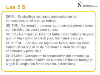 SEIRI.- Es clasificar las cosas necesarias de las
innecesarias en el área de trabajo.
SEITON.- Es arreglar, ordenar para que nos permita tomar
con facilidad las cosas para su uso.
SEISO.- Es limpiar su lugar de trabajo completamente para
que no haya polvo sobre el piso, máquinas y equipo.
SEIKETSU.- Consiste en repetir en forma continua Seiri-
Seiton-Seiso con el fin de mantener el área de trabajo
confortable y productiva.
SHITSUKE.-Consiste en la capacitación del personal ya
que la gente debe adquirir los buenos hábitos de trabajo y
seguir las reglas en forma estricta. ( disciplina).
Las 5 S
 