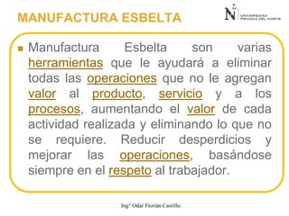 MANUFACTURA ESBELTA
 Manufactura Esbelta son varias
herramientas que le ayudará a eliminar
todas las operaciones que no le agregan
valor al producto, servicio y a los
procesos, aumentando el valor de cada
actividad realizada y eliminando lo que no
se requiere. Reducir desperdicios y
mejorar las operaciones, basándose
siempre en el respeto al trabajador.
Ing° Odar Florián Castillo.
 